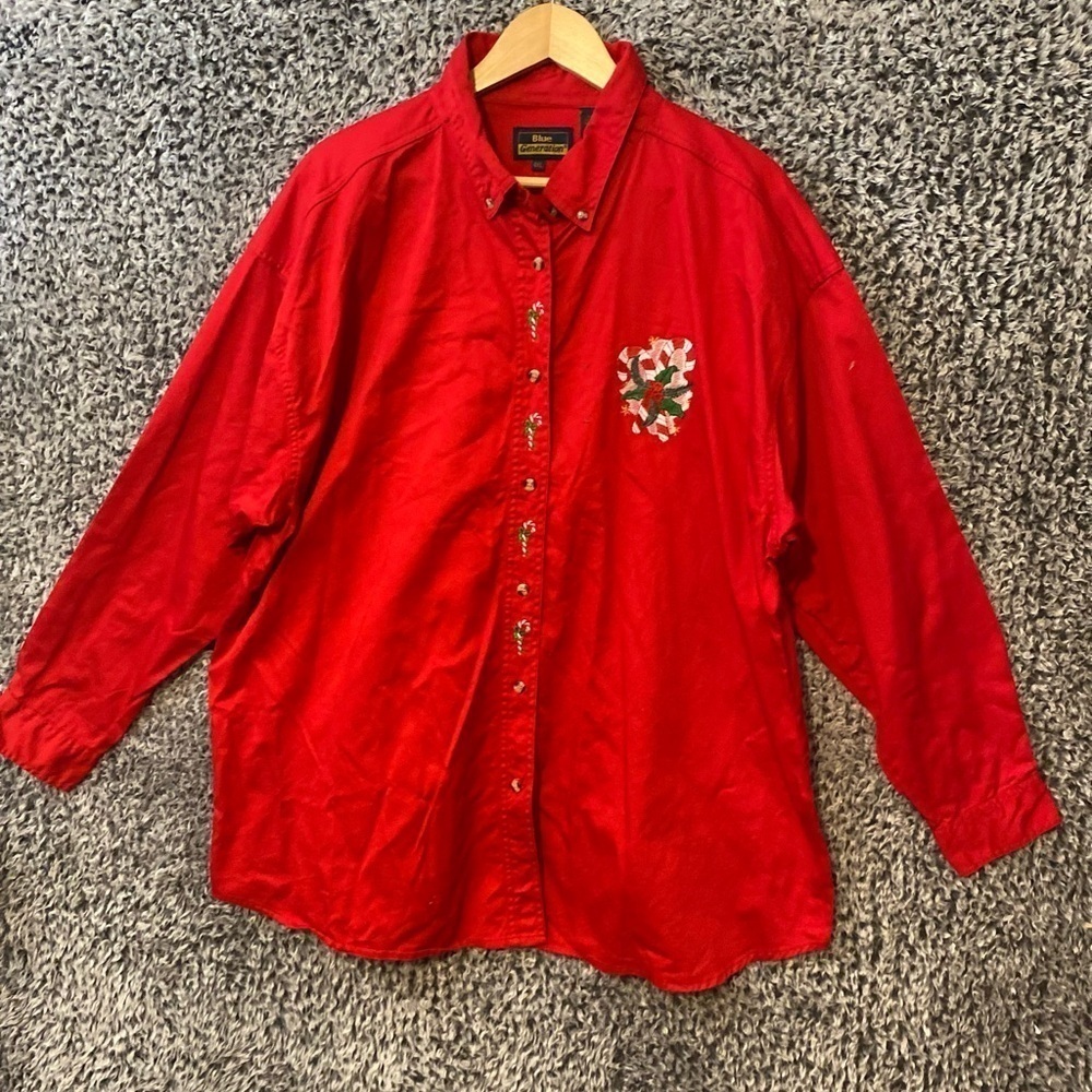 Blue Generation Womens Long Sleeve Embroidered Button Top Size 4XL Red Christmas